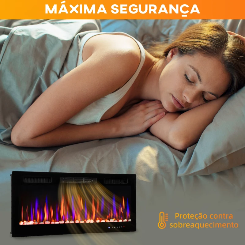 HOMCOM Lareira Elétrica Ultrafina de Parede e Embutir com Chama 3D Brilho/Velocidade Ajustável 12 Cores Pedras 900/1800W 106,7x9,4x47 cm Preto