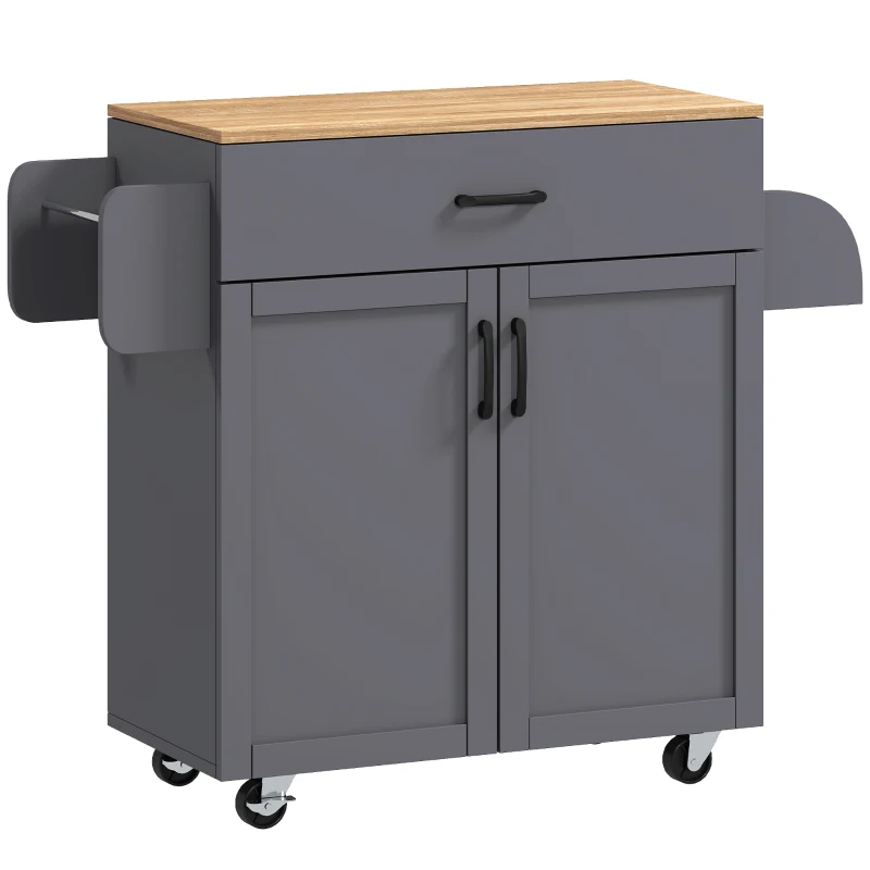 HOMCOM Îlot de Cuisine sur Roulettes avec Tiroir Armoire avec Portes Porte-serviettes et Porte-épices 105x36x85 cm Gris