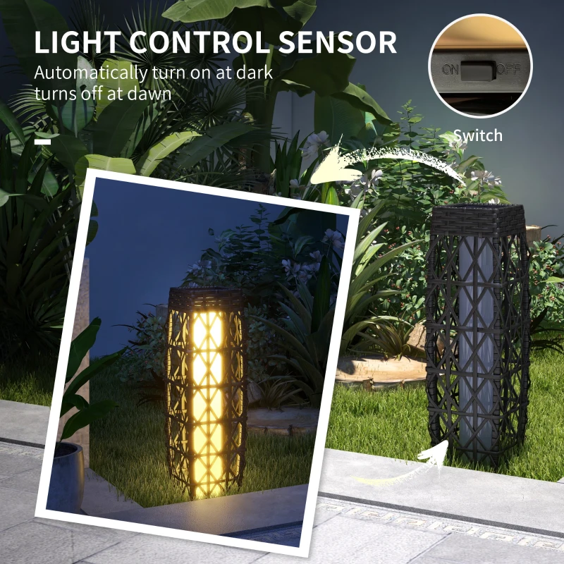 Outsunny Lampa solarna rattanowa, lampa solarna z czujnikiem światła, anty-UV, wodoodporna lampa ogrodowa LED do balkonu, tarasu, stalowa, szara