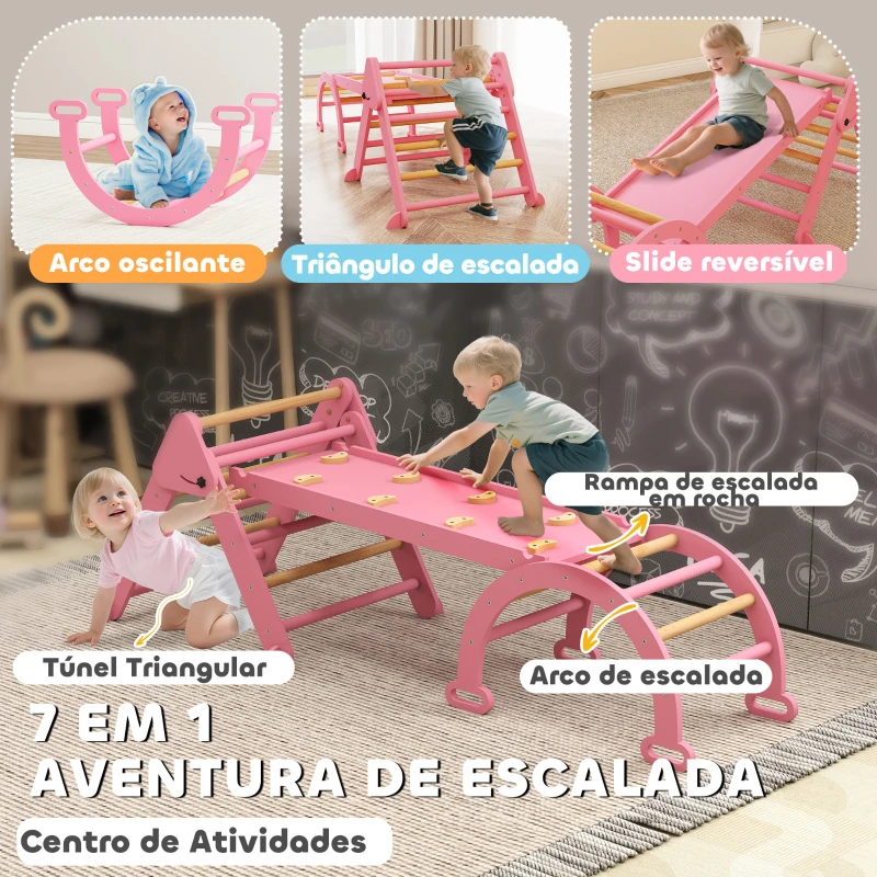 AIYAPLAY Triângulo de Escalada 7 em 1 com Arco e Rampa Escalada para Crianças de Madeira Dobrável para 18-48 Meses 188x70 cm Rosa