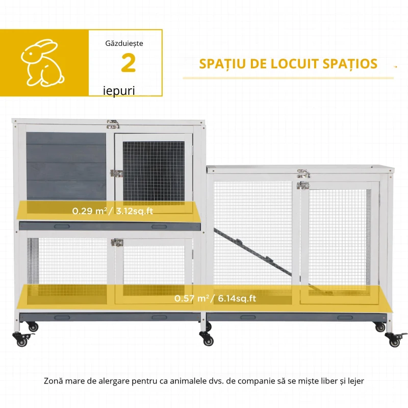PawHut Cușcă de Lemn cu Roți 147x45,5x88,5 cm Jaulă pentru Iepuri de 2 Etaje cu Acoperiș Deschis 2 Curți din Metal 3 Tăvi Detașabile 3 Uși cu Sistem de Închidere și Rampă Gri