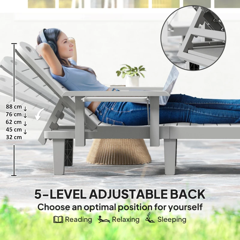 Outsunny Leżak ogrodowy z bocznym stolikiem, wygląd drewna, leżak z 5-stopniową regulacją oparcia, odporny na warunki atmosferyczne, obciążenie do 120 kg, do ogrodu, na zewnątrz, na plażę, jasnoszary