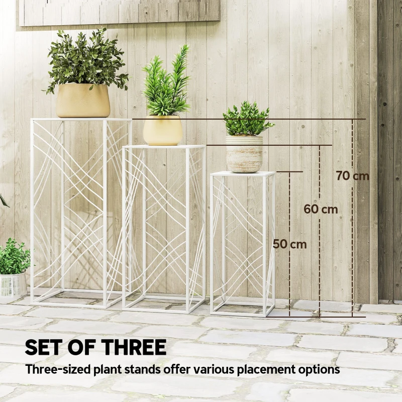 Outsunny Zestaw 3 stojaków na rośliny, 50/60/70 cm wysokości, składane regały na rośliny metalowe, biały