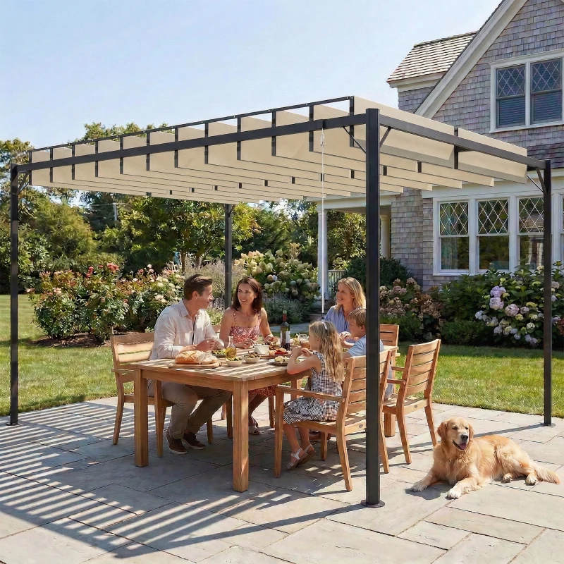 Outsunny Pérgola de Jardim 3x4 m com Proteção UPF50+ Gazebo com Teto Ajustável Estrutura de Metal para Exterior Branco Creme