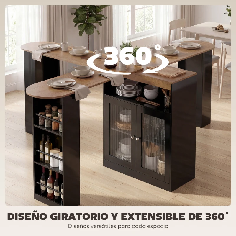 HOMCOM Mesa de Bar Extensible y Giratoria 90° con Estantes Abiertos y 2 Puertas de Vidrio 150x80x105,5 cm Negro y Natural