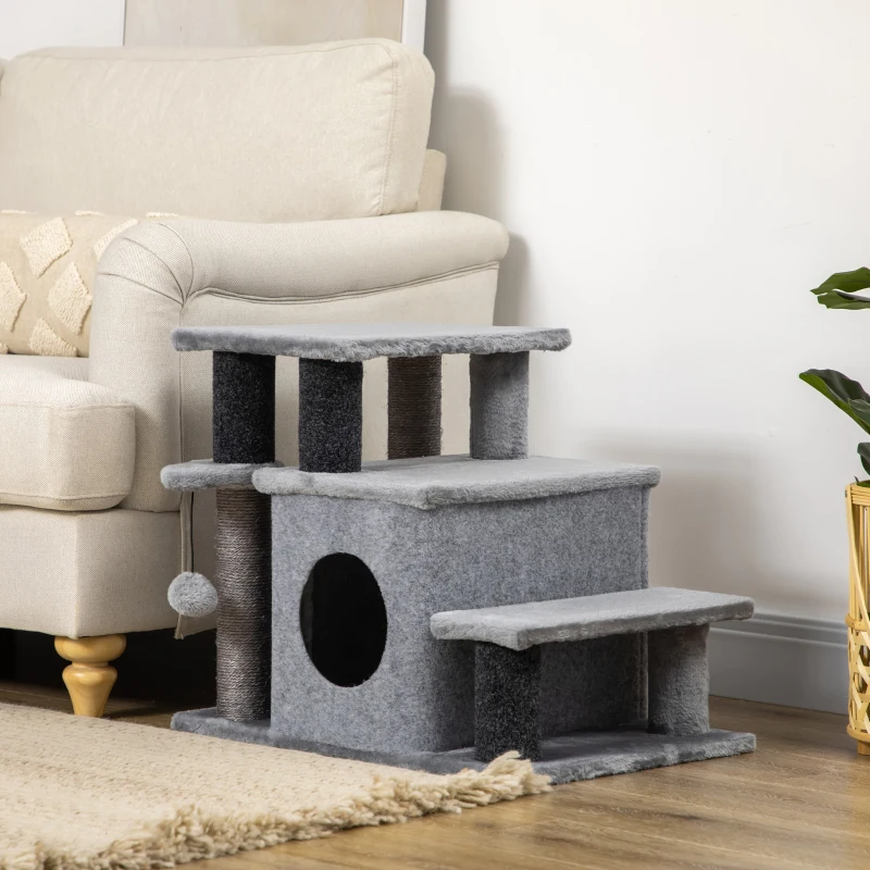 PawHut Escalier pour chat arbre à chat hauteur ajustable 3 ou 4 marches avec niche balle suspendue - 60 x 40 x 66 cm - gris