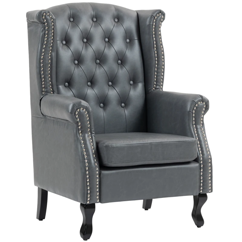 HOMCOM Wingback Accent Chair Tufted Chesterfield-style Armchair with Nail Head Trim for Living Room Bedroom Grey
