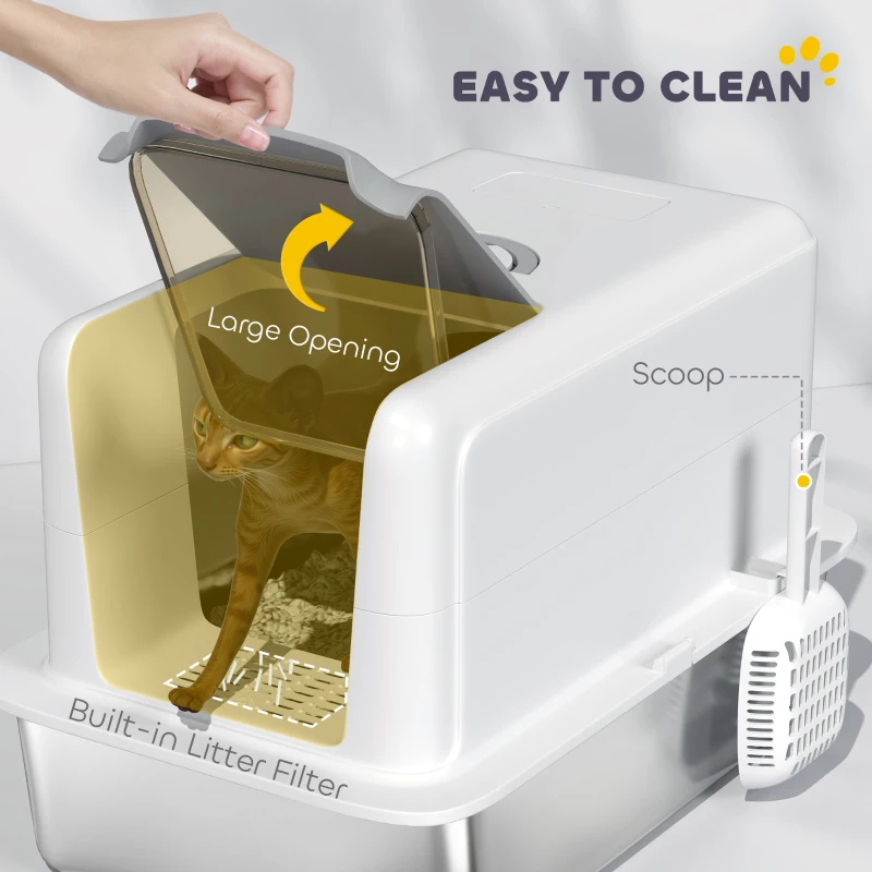 PawHut Stainless Steel Cat Litter Box with Removable Lid, Scoop, Filter Bags, for Large Cats, White