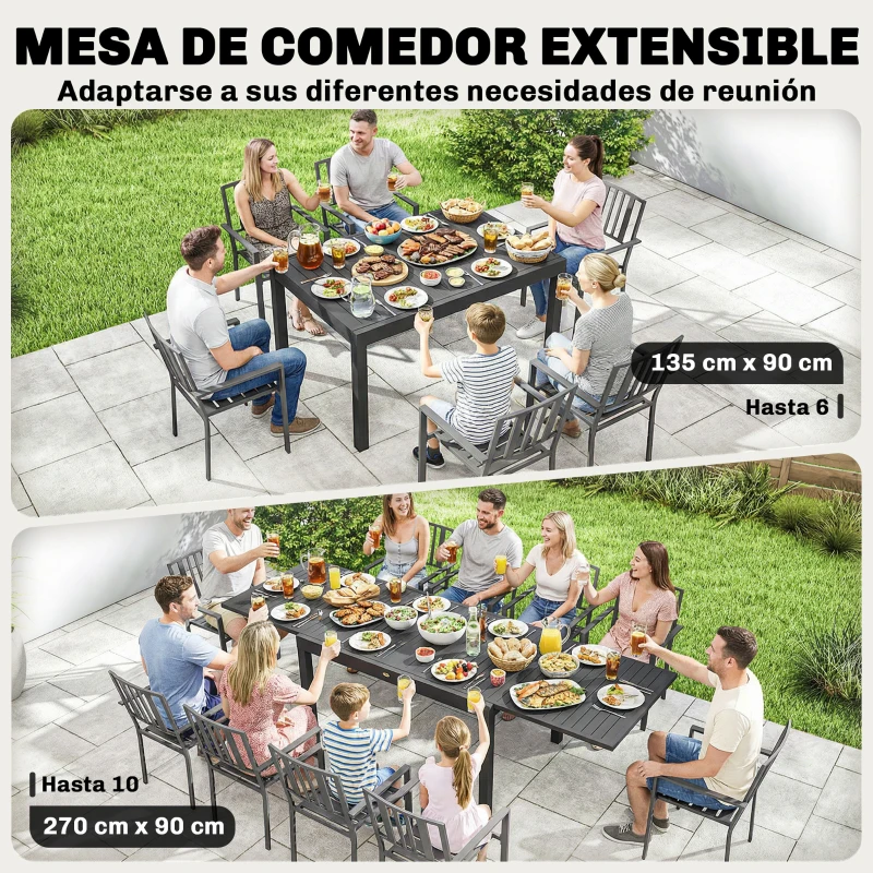 Outsunny Mesa de Comedor Exterior Extensible 135/270 cm para 6-10 Personas de Aluminio con Tapa de Listones Gris Oscuro