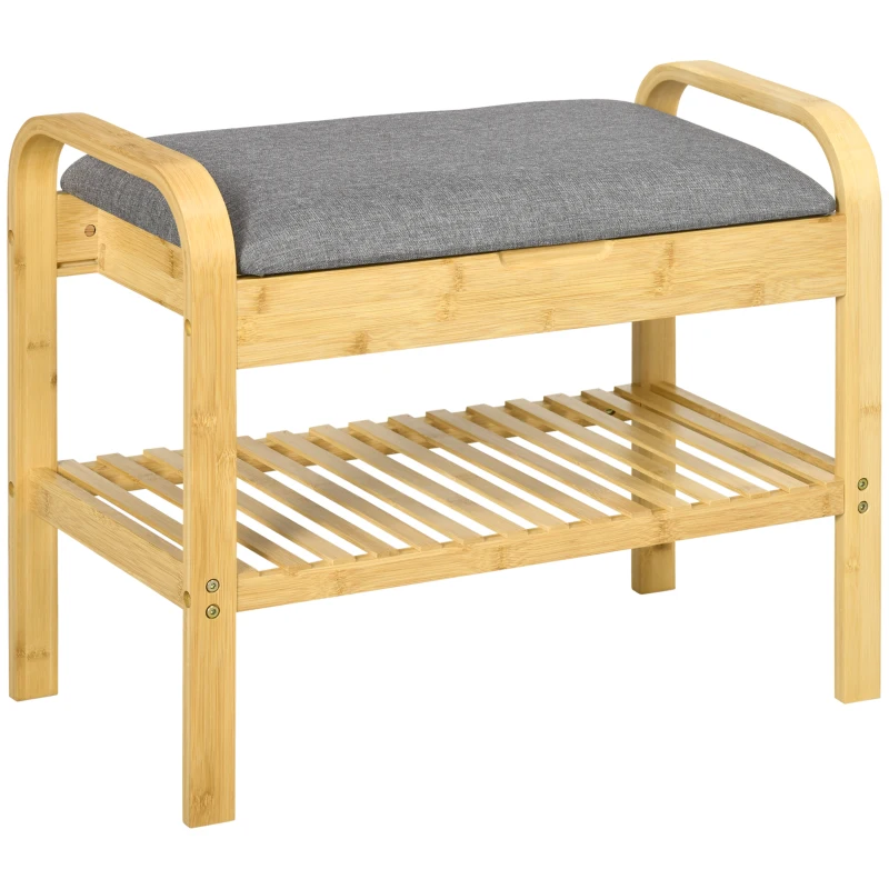 HOMCOM Banc à chaussures avec coussin d'assise rangement caché, étagère à lattes en bambou, 60 x 33 x 50, naturel