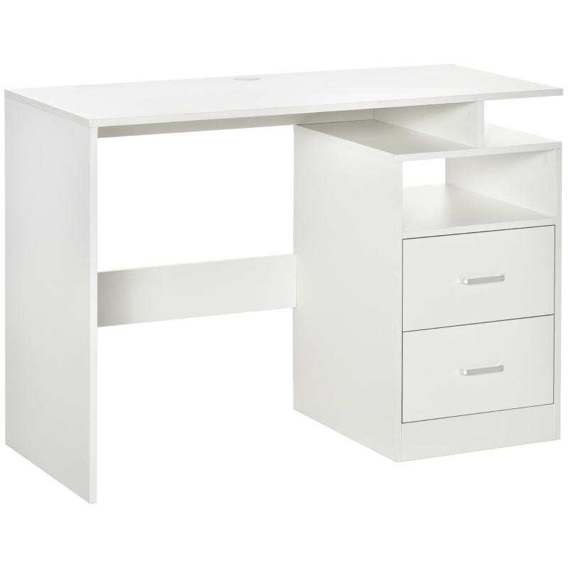 HOMCOM Bureau Informatique 2 tiroirs coulissants 3 étagères dim. 108L x 48l x 76H cm Panneaux Particules MDF Blanc