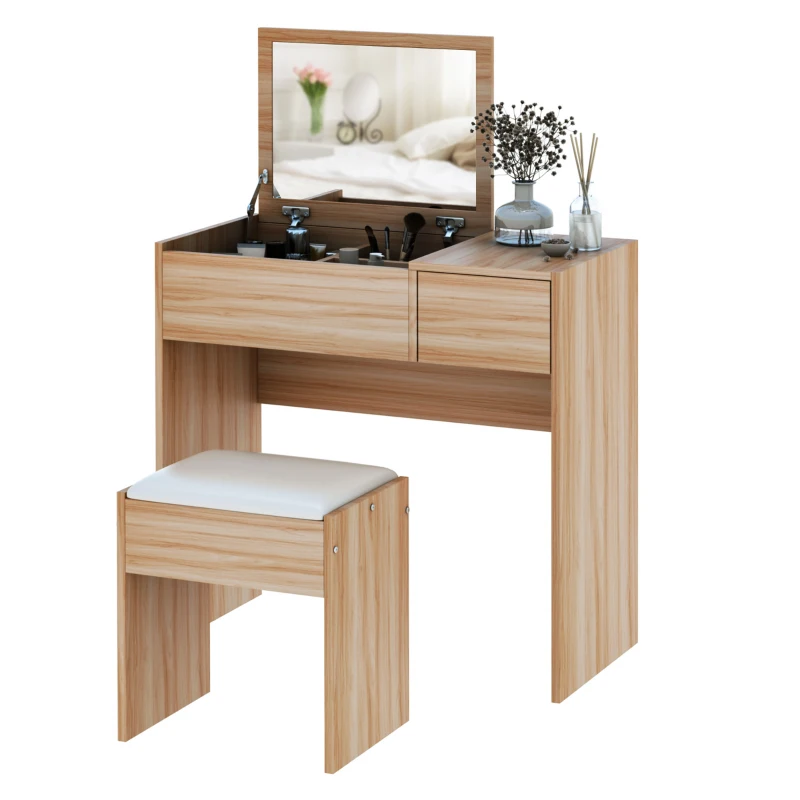 HOMCOM Dressing Table with Flip-Up Mirror and Cushioned Stool, Makeup Vanity Desk with Hidden Compartments and Storage Drawer, Convertible Writing Table for Bedroom, Natural