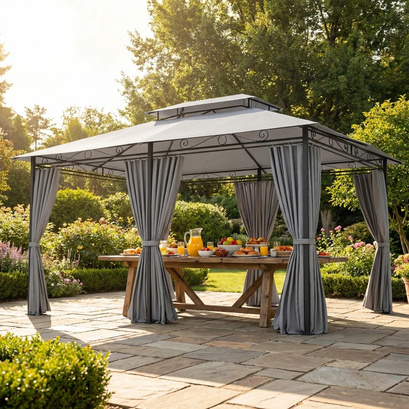 Outsunny Pérgola para Jardim 3x4 m Pérgola de Exterior com Telhado Duplo 6 Paredes Laterais Estrutura Metálica Cinza Escuro