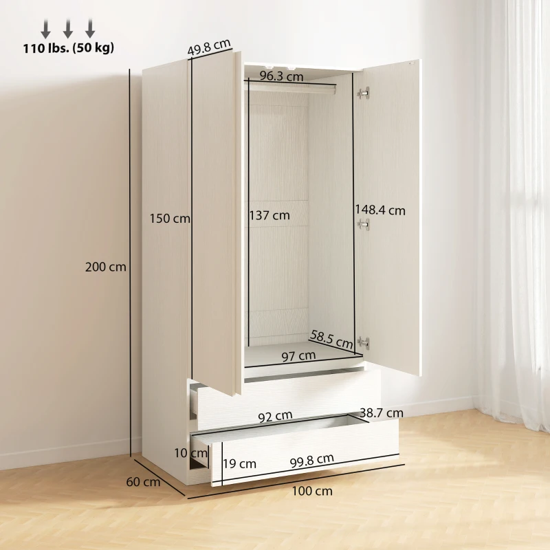 HOMCOM Armadio Guardaroba in Truciolato Bianco con Appendiabiti e 2 Cassetti Scorrevoli per Camere da Letto, 100x60x200 cm
