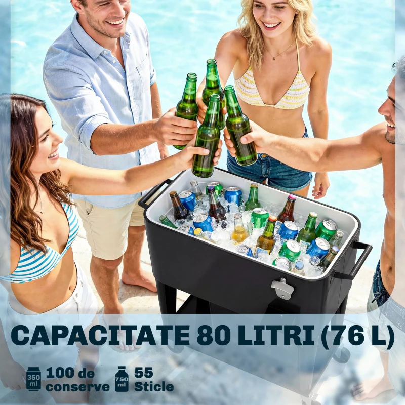 Outsunny Cărucior Frigider 76L cu raft, Deschizător de sticle și Colector de capace, din Plastic și Oțel, 91x39x84.5 cm, Negru