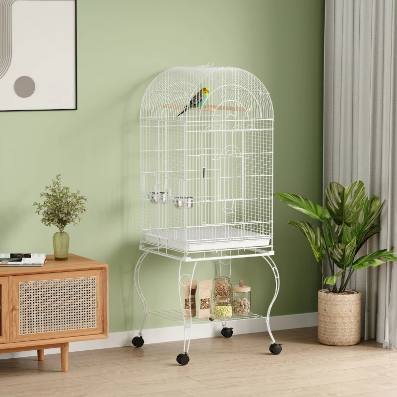 PawHut Jaula para Pájaros con Ruedas y Estante 51x51x153 cm con Parte Superior Abatible Comederos y Bandeja Extraíble Blanco