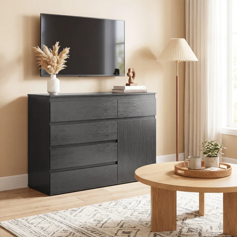 HOMCOM Modern Sideboard, Sideboard Storage Cabinet with 5 Drawers, Adjustable Shelf, Soft-Close Door, Black