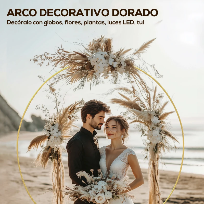 Outsunny Arco de Jardín de Metal Redondo para Rosas Arco de Boda con Recubrimiento en Polvo para Decoración 230x28x234 cm Dorado