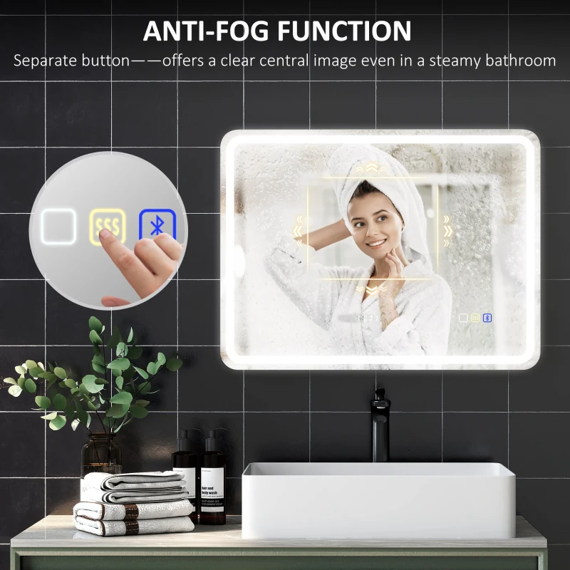 HOMCOM 80 x 60 cm Bluetooth Bathroom Mirror - Silver-Tone