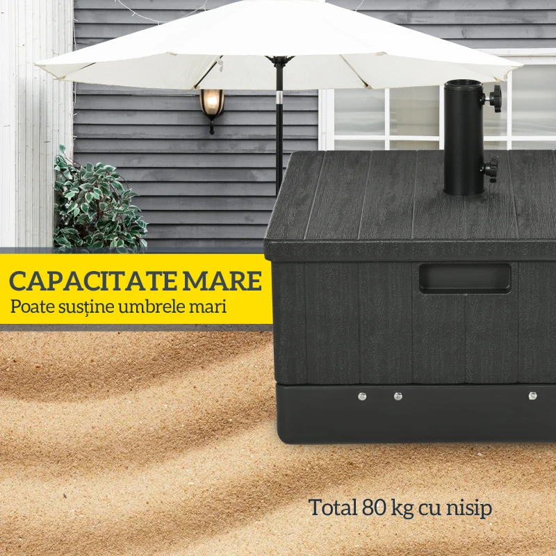 Outsunny Bază pentru Umbrelă 3-în-1 Exterior, Măsuță de Cafea, Jardinieră cu Orificiu de Scurgere, Capacitate 80 kg, Suport Umplut cu Roți și Mânere pentru Terasă și Piscină, Negru