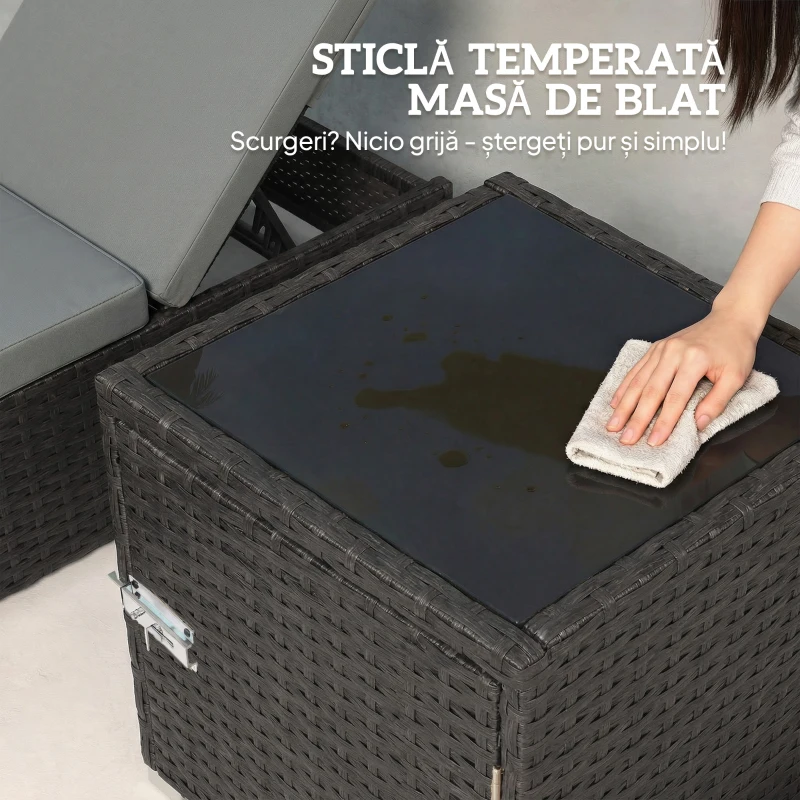 Outsunny Set 2 Șezlonguri de Grădină din Ratan cu Măsuță Laterală și Spătar Reglabil, 184x60x22 cm, Gri Închis