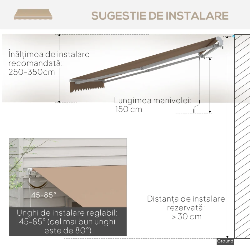 Outsunny Copertină de Soare pentru Exterior Retractabilă cu Brațe și Manivelă, 350x250 cm, Maro