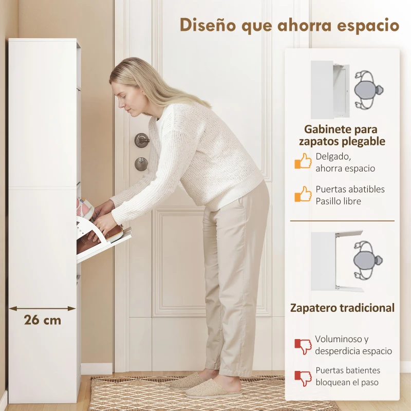 HOMCOM Zapatero Estrecho con 3 Cajones Abatibles Estantes Ajustables y Compartimento Abierto Capacidad para 12-18 Pares Blanco