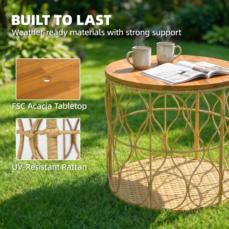 Outsunny Bijzettafel Ø50 cm weerbestendig Tuintafel met rotanlook Acaciahouten tafelblad verstelbare voetjes Teak