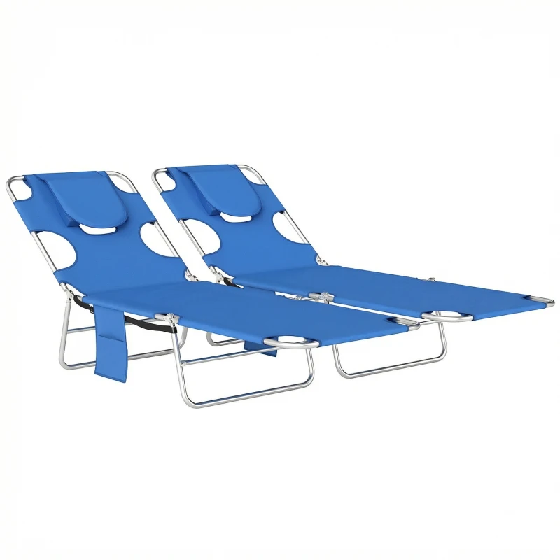 Outsunny 5-Position Adjustable Sun Loungers Set of 2 with Reading Hole and Side Pocket, Blue