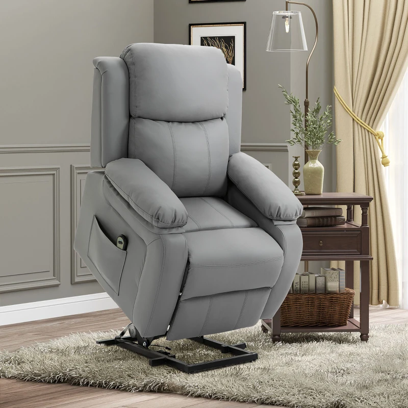 HOMCOM Fauteuil releveur électrique pour personne âgées revêtement synthétique repose-pied télécommande et 2 pochettes gris