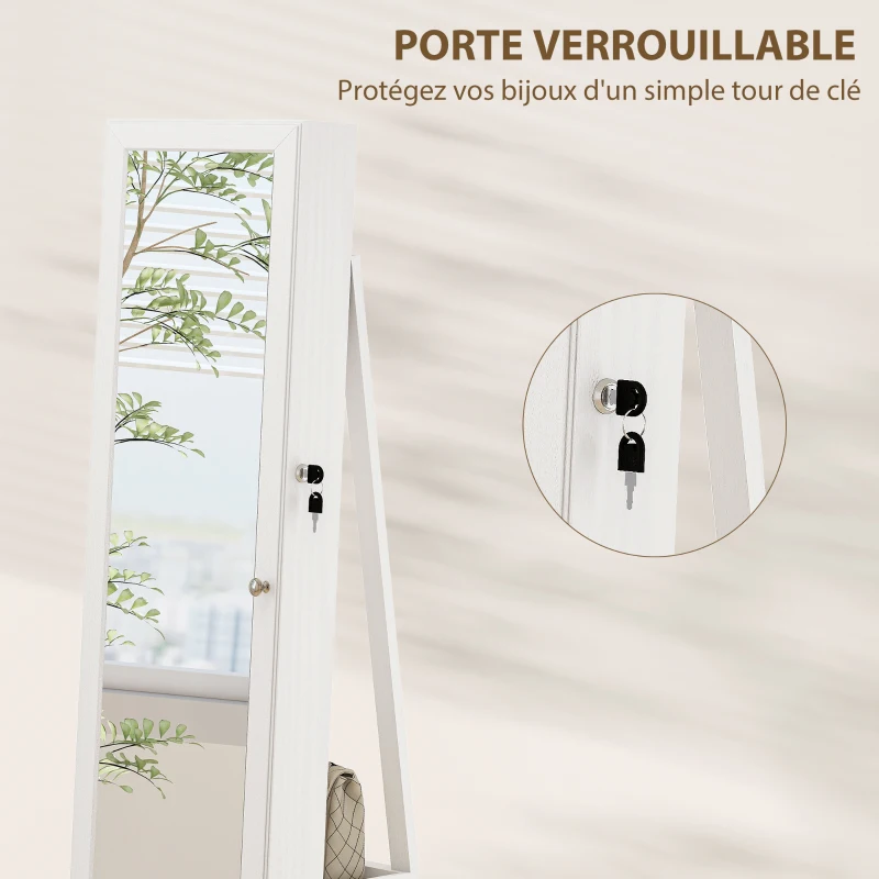 HOMCOM Armoire à Bijoux pivotante verrouillable boîte à bijoux avec Miroir - Armoire Bijoux Multi-Rangement - en Bois Blanc