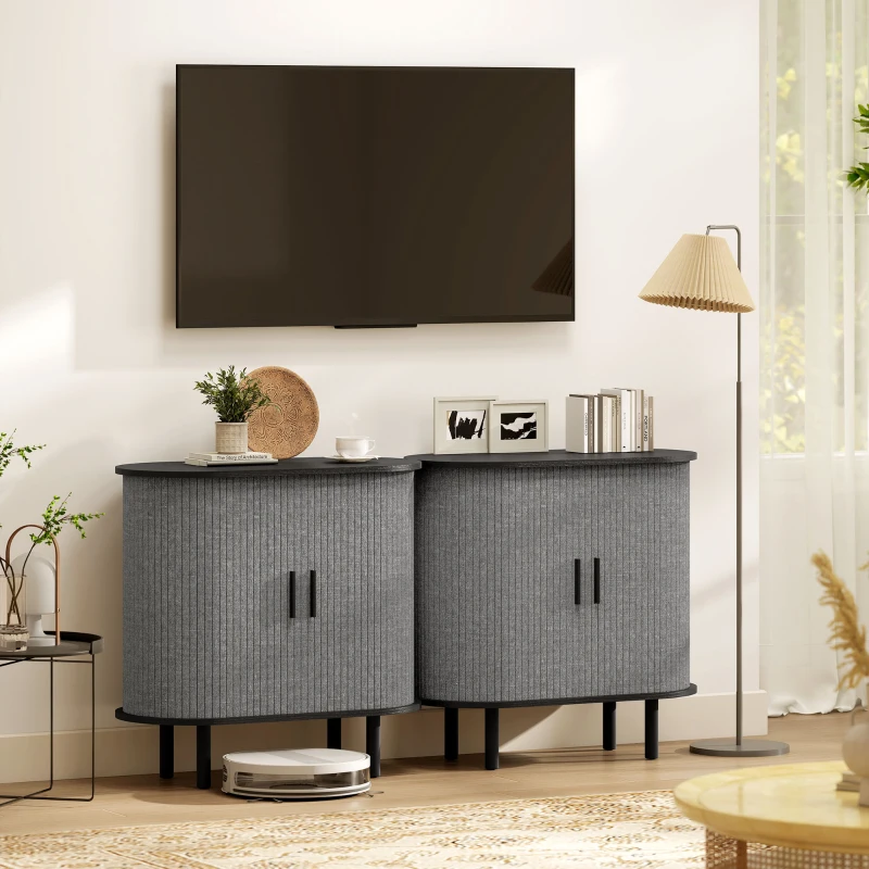 HOMCOM Tambour Sideboard with Fluted Sliding Doors, Modern Kitchen Cupboard with Storage Shelves and Wooden Legs, Grey
