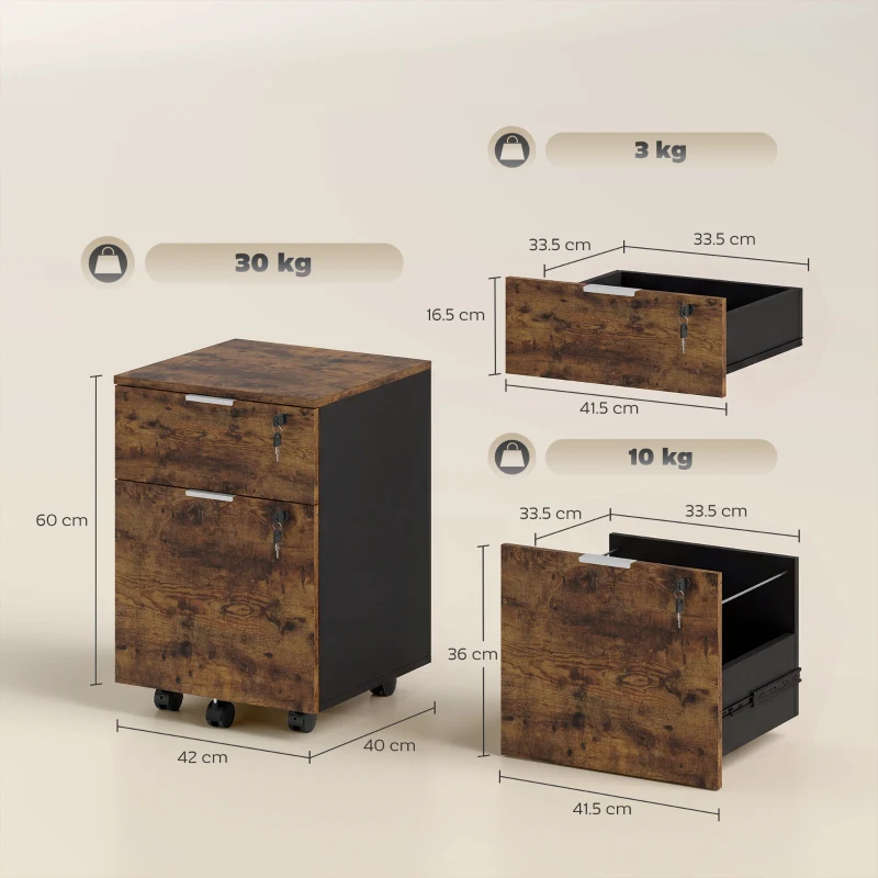 HOMCOM Two-Drawer Lockable Filing Cabinet - Black and Rustic Brown