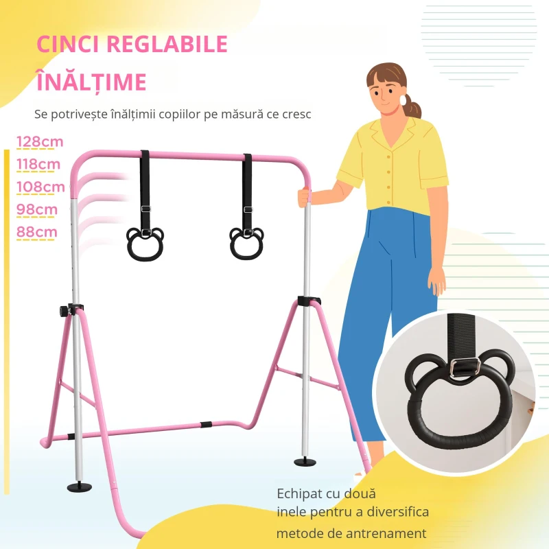 HOMCOM Paralele, Bară de Antrenament cu Înălțime Reglabilă cu 2 Inele și Covoare Antiderapante, 148x105x88-128 cm, Roz