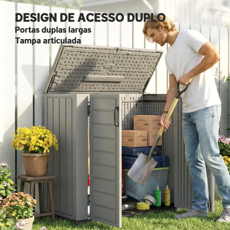 Outsunny Abrigo de Jardim Exterior de HDPE 940L com Tampa Dobrável e 2 Portas, Fecho para Armazenamento 142x67x119 cm Cinzento Claro