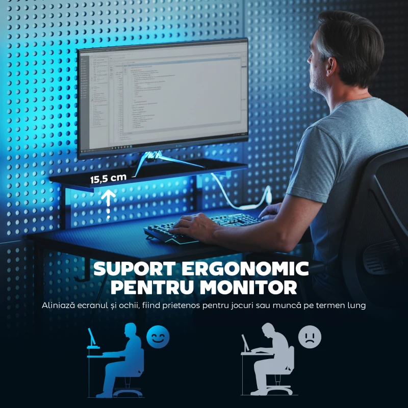 HOMCOM Birou Gaming Colțar cu LED, Prize Electrice, Suport pentru Monitor și Raft, Negru