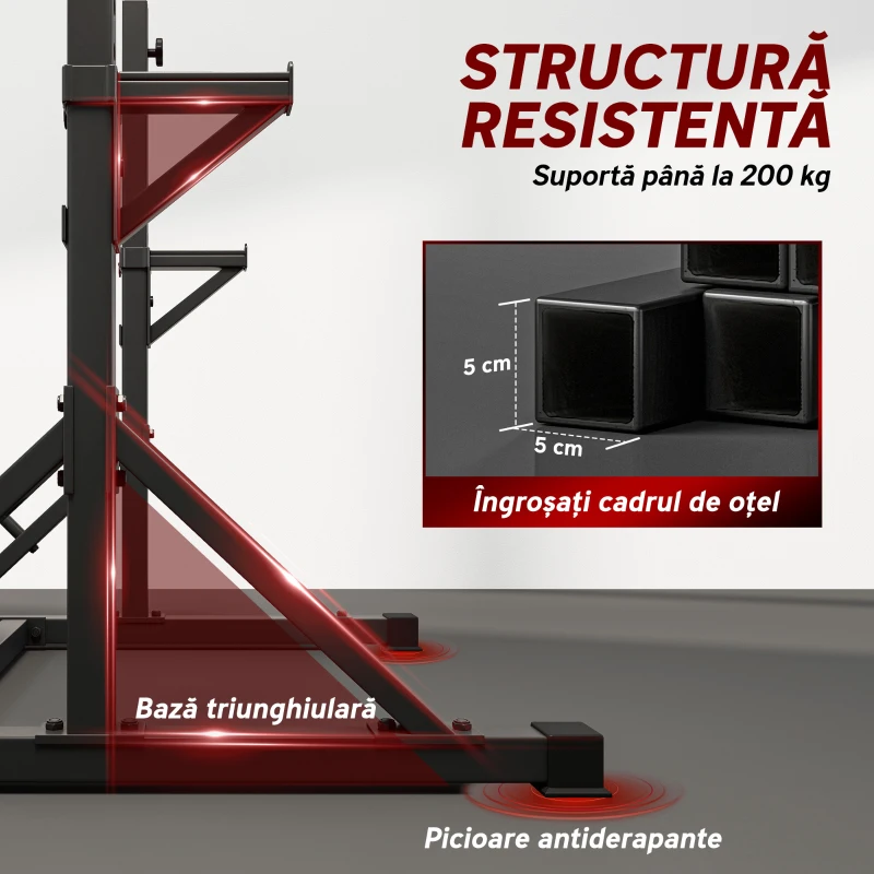 SPORTNOW Suport pentru Genuflexiuni Reglabil pe Înălțime, Suport Dublu pentru Haltere cu Spațiu Depozitare și Bară Tracțiuni, Rack Multifuncțional pentru Antrenamente Acasă sau Birou, Max 200 kg, Negru