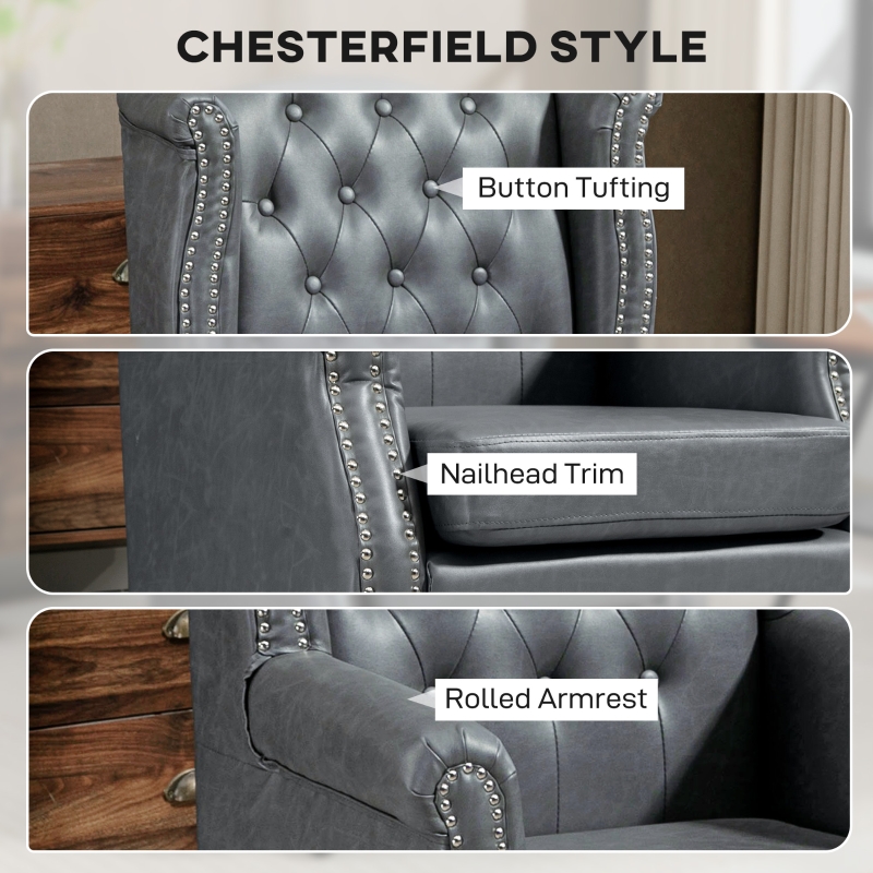 HOMCOM Wingback Accent Chair Tufted Chesterfield-style Armchair with Nail Head Trim for Living Room Bedroom Grey