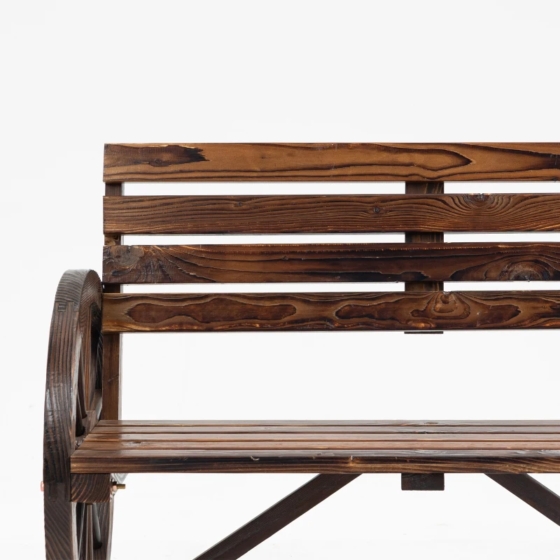 Outsunny Panchina da Giardino 2 Posti a Doghe con Braccioli a Ruota di Carro, in Legno, 105.5x56x79 cm, Marrone Bruciato