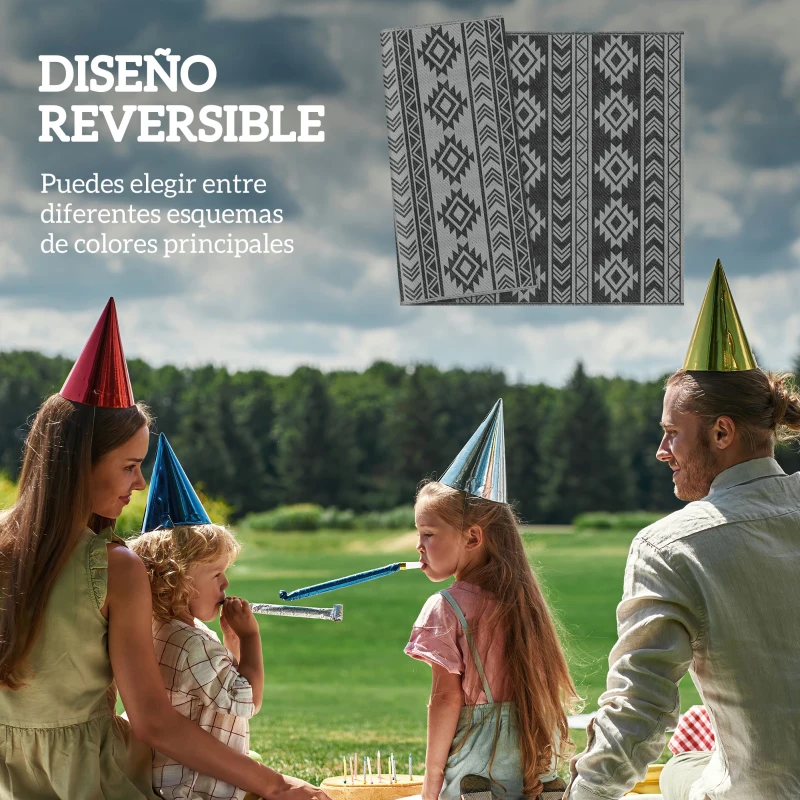 Outsunny Alfombra de Exterior Reversible 182x274 cm Impermeable Anti-UV para Viajes en Autocaravana Negro y Gris
