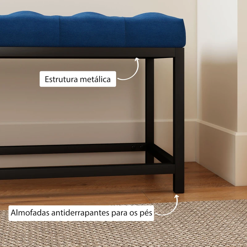 HOMCOM Banco ao Pé da Cama Estofado em Veludo Design Capitoné Base de Metal Banco para Quarto Entrada Sala 117x40x48 cm Azul Escuro