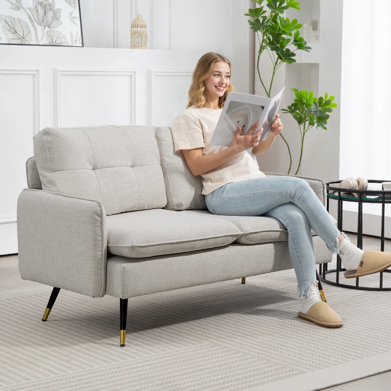 HOMCOM 2-Sitzer Sofa, Wohnzimmersofa, Kissen, gepolsterte Sitzfläche, gesteppte Rückenlehne, 139 x 68 x 80 cm, Creme