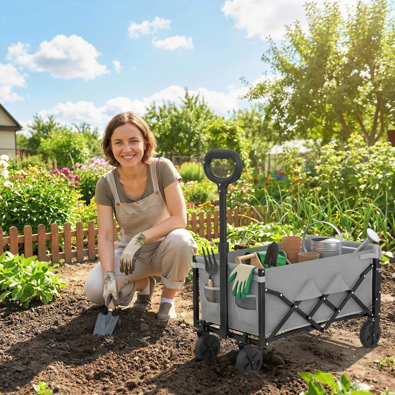 Outsunny 80L Foldable Festival Trolley on Wheels, Collapsible Wagon Cart with Drop-Down Tailgate, Adjustable Handle, Grey