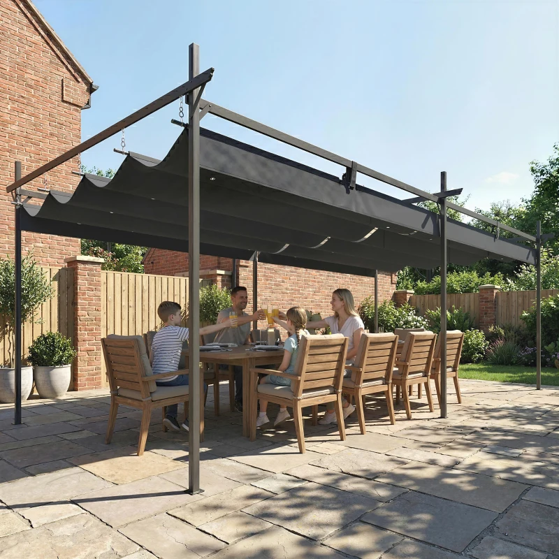 Outsunny Pérgola com Teto Retrátil de Alumínio 588x297x230 cm Pérgola com Tecido de Poliéster Anti UV Pérgola de Jardim Cinzento Escuro