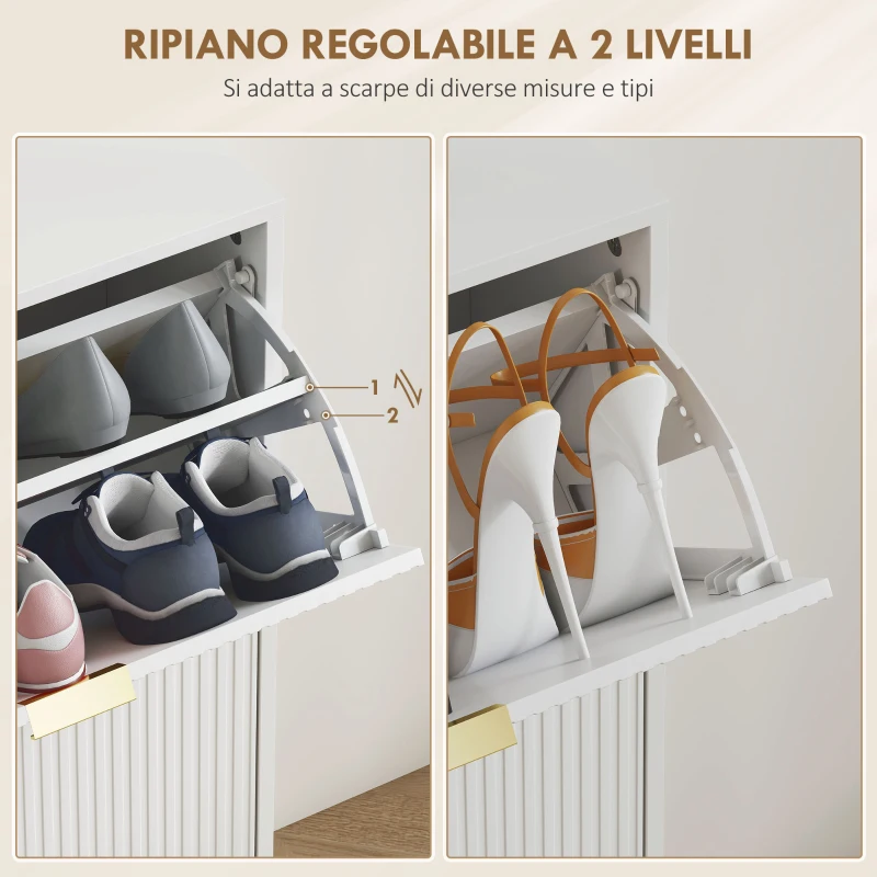 HOMCOM Scarpiera Slim per 20 Paia di Scarpe con 4 Cassetti a Ribalta e Ripiani Regolabili, 105x24x91.5 cm, Bianco