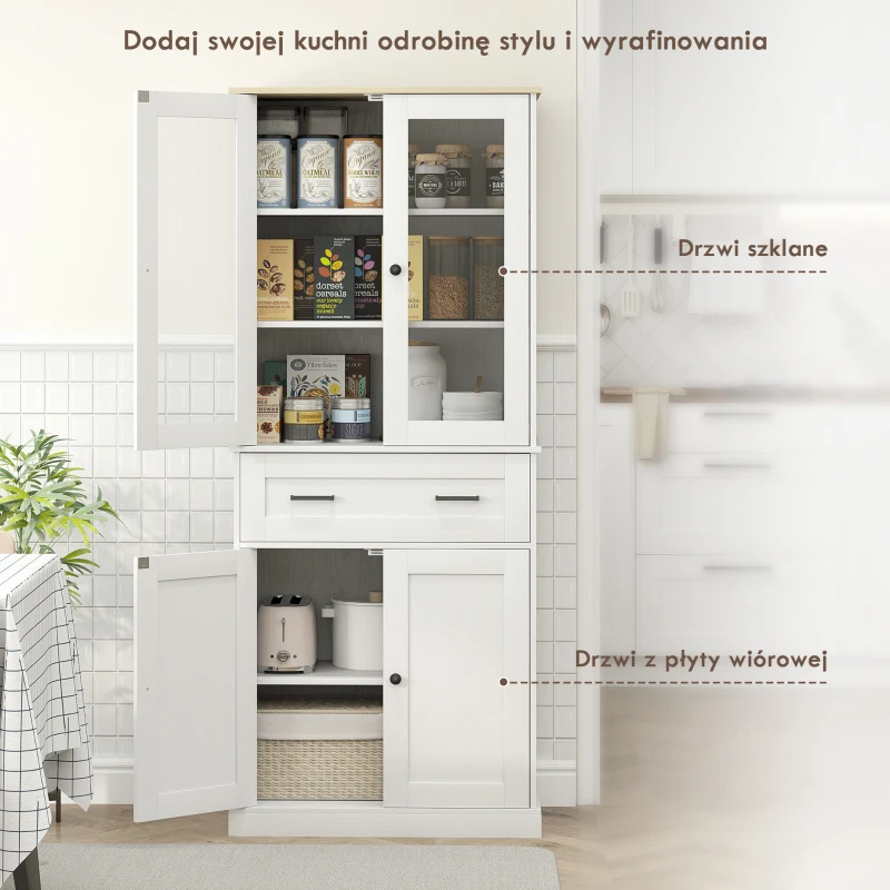 HOMCOM kredens kuchenny z 2 szafkami, drzwiami z akrylowego szkła, regulowaną półką i szufladą. Szafka do kuchni, salonu, jadalni, kremowobiała, 76 x 40 x 182,5 cm