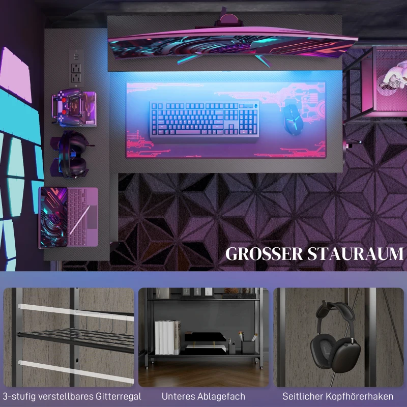 HOMCOM Schreibtisch L Form mit LED, Steckdosen, USB, Computertisch mit Regal, 107 x 80 x 90 cm, Schwarz
