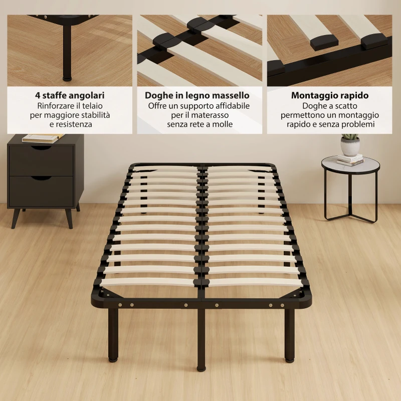 HOMCOM Struttura Letto Industriale a 28 Doghe con Spazio Contenitore, in Legno e Acciaio, 190x90x31 cm, Nero e Legno