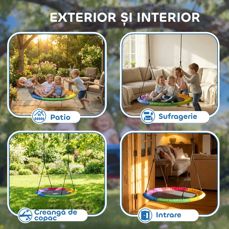 AIYAPLAY Leagăn de Copac, Leagăn Tip Cuib pentru Copii Ø120 cm cu Frânghii Reglabile și Curele, Joc de Exterior pentru Copii 3-8 Ani, Capacitate 300 kg, Multicolor