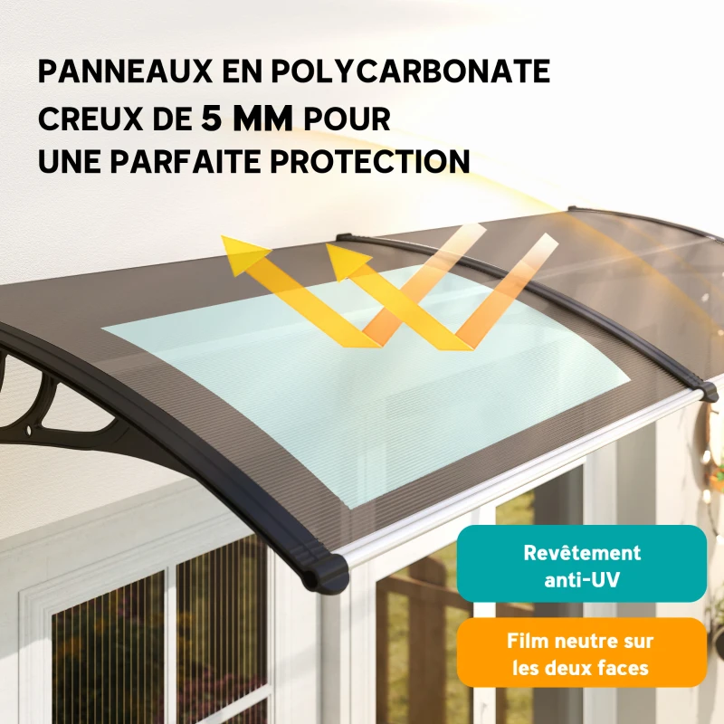Outsunny Auvent de porte d'entrée, toit marquise de porte exterieur en polycarbonate et profil aluminium résistante toit abri protection contre la pluie et UV pour terrasse, balcon, 195x75cm, marron